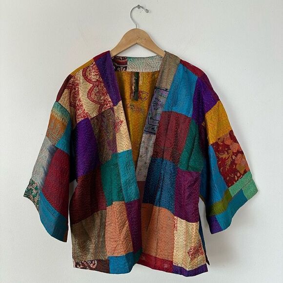 Aratta Silent Journey Women’s Silk Patchwork Oversized Kimono in Rust - Picture 2 of 12